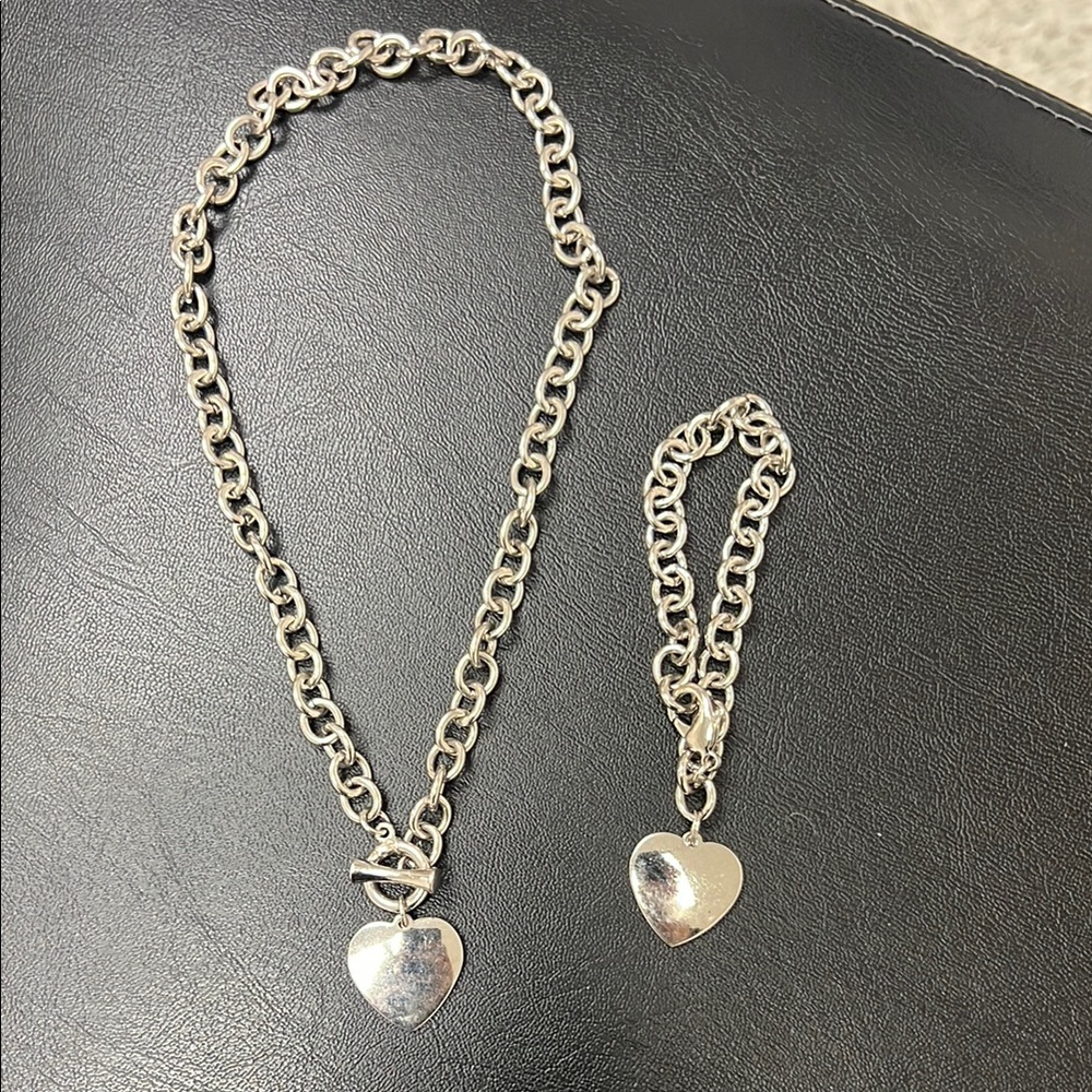 Silver Heart Pendant Necklace and Bracelet Set